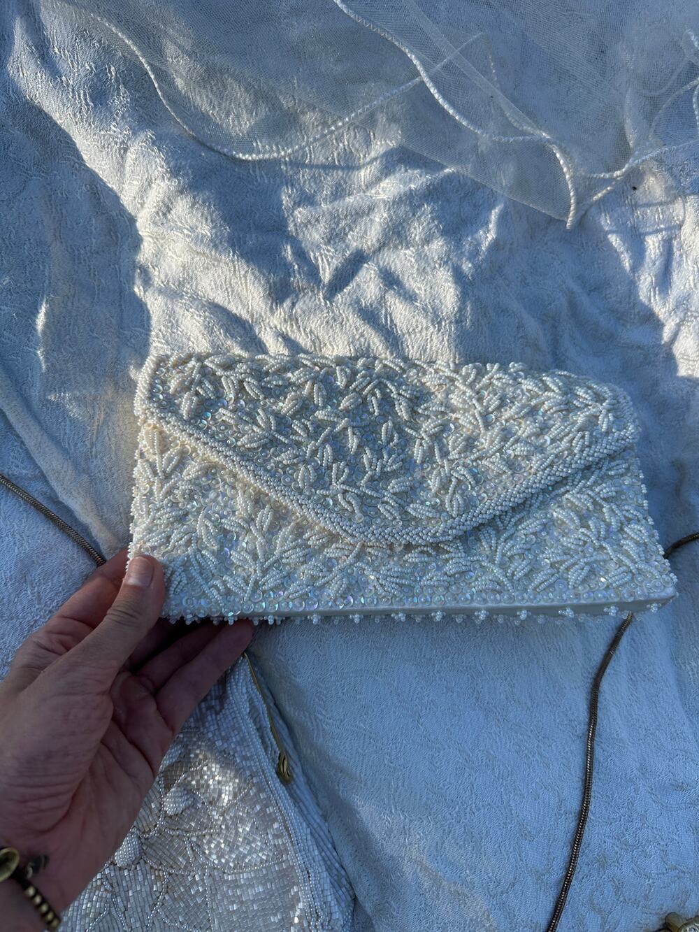 La Regale Women's Clutch White Beaded Sequin Clutch Bag Vintage Handmade